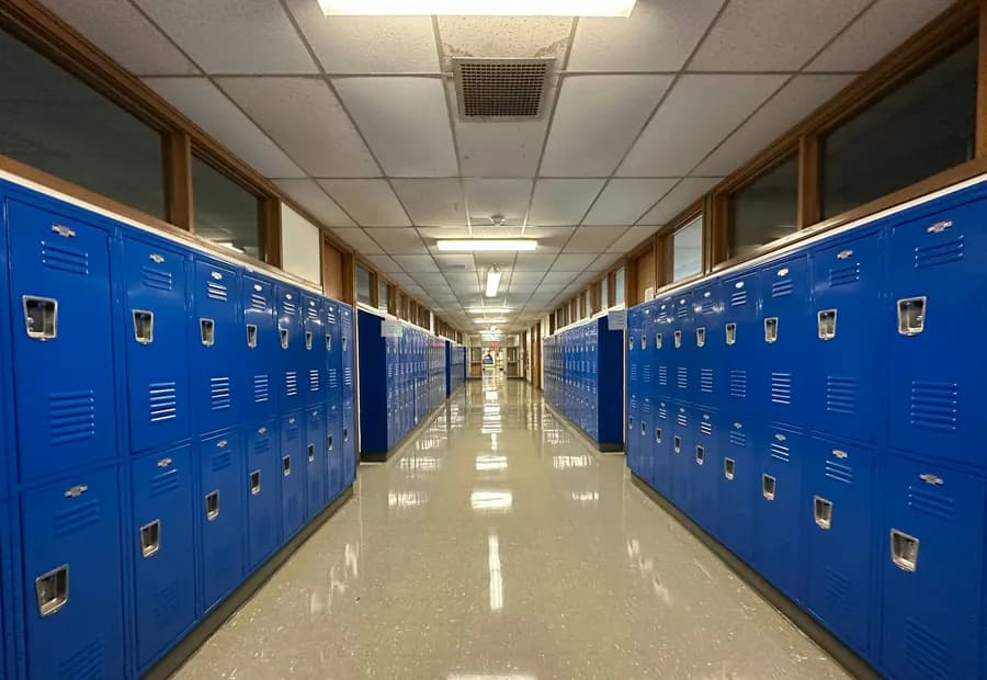 A corridor of blue lockers on both sides, empty during a lesson.